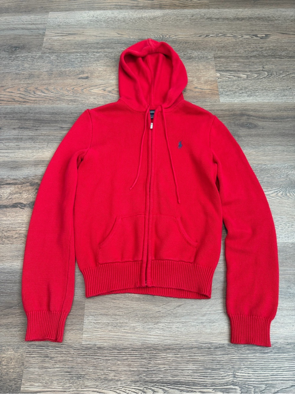 Ralph Lauren Sport Full Zip Knit Hoodie Red 100% Cotton Medium Casual Y2K